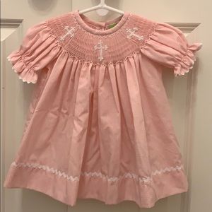 Pink gingham smocked cross dress, 3 months